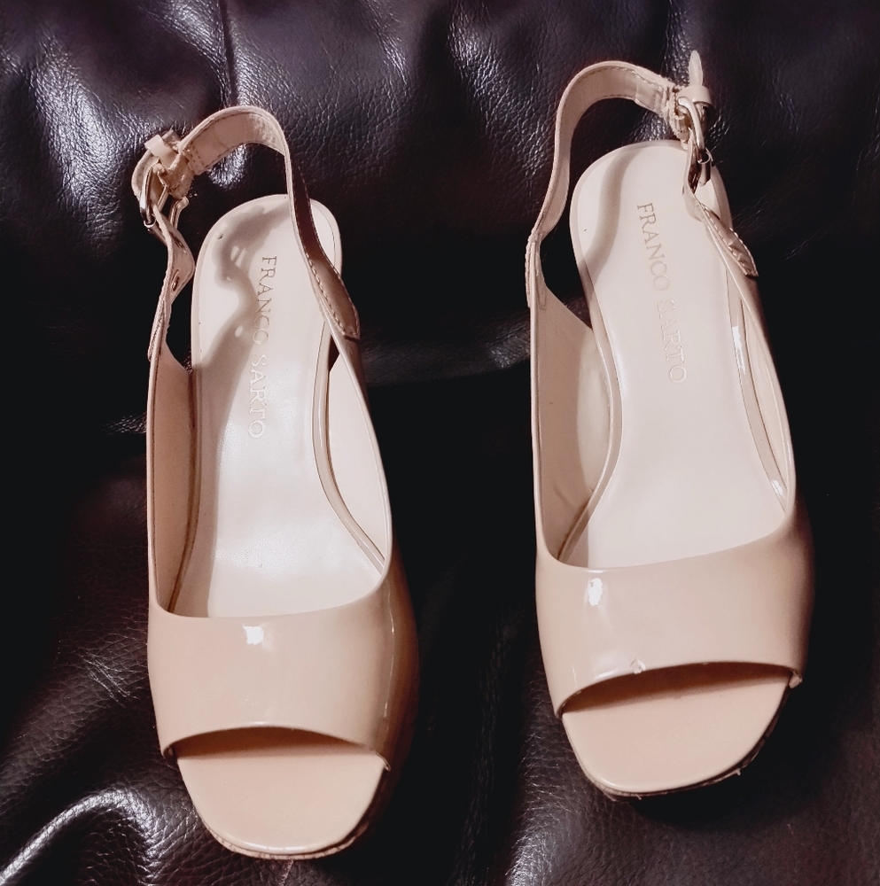 Franco Sarto Wedge Sandals in Nude Patent Leather